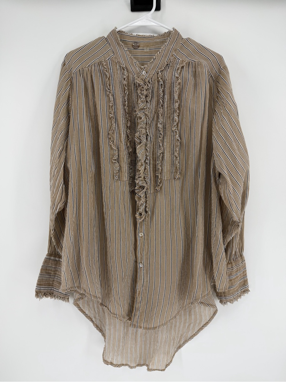 Free People Tan Blue White Striped Ruffle Tuxedo Blouse Boho Womens XS
